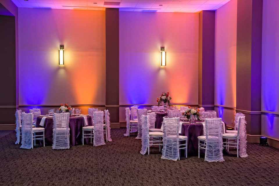 Elegant Table Setup with Specialty Plates, Chargers, Table Overlays and Chair Covers, Wedding at the Red Oak Ballroom in Austin