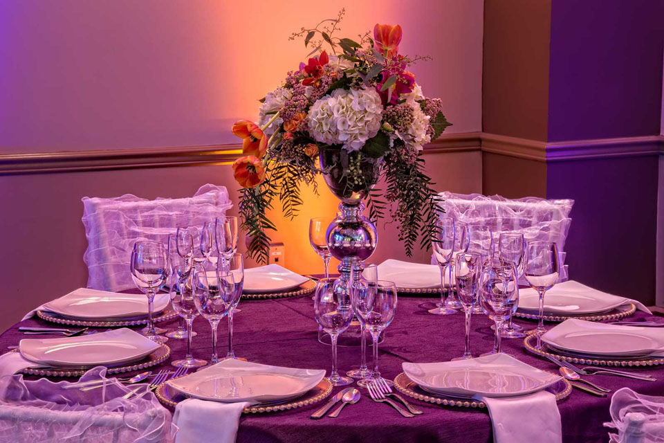 Elegant Table Setup with Specialty Plates, Chargers, Table Overlays and Chair Covers, Wedding at the Red Oak Ballroom in Austin