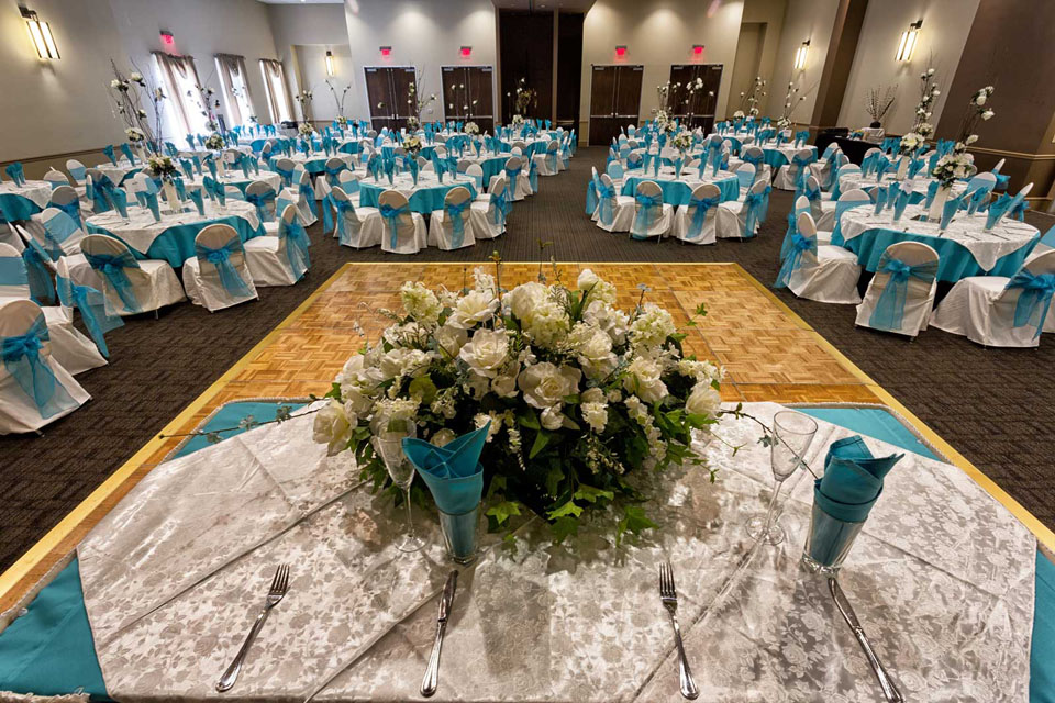 Teal and White Room setup from Head Table , Wedding at the Red Oak Ballroom in Austin