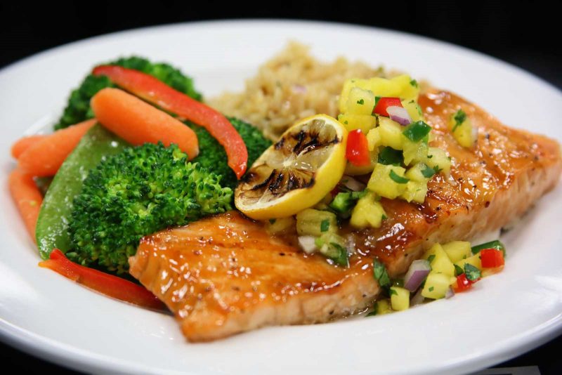 Catering by Norris, Glazed Salmon with Steamed vegetables, perfect for lunch or dinner