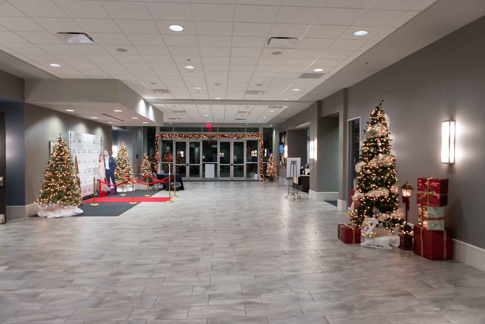 Company Holiday Parties are Fabulous at the Red Oak Ballroom San Antonio, our Lobby Festively Decked Out with Holiday Decorations